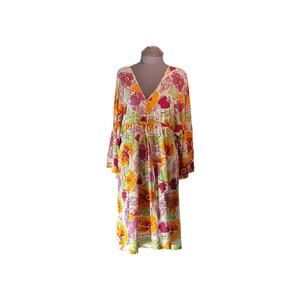 Pine Cone Hill " Fine Linens" Size M/L Short Sleeve Floral Print Dress V Neck